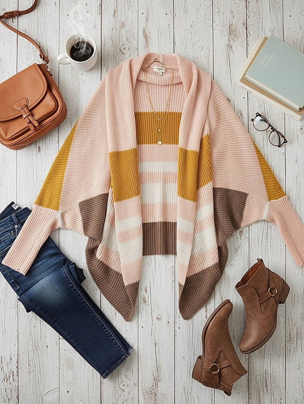 NWT! Umgee Striped Open-Front Women's Cardigan Sweater in Blush, Mustard & Brown